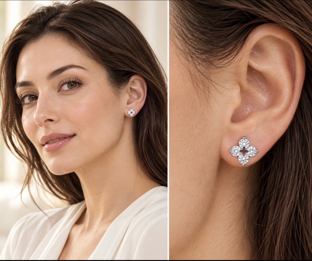 Rhodium Plated 925 Sterling Silver Lab Grown Diamonds Clover Stud Earring