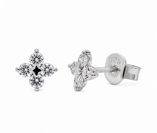 Rhodium Plated 925 Sterling Silver Lab Grown Diamonds Clover Stud Earring
