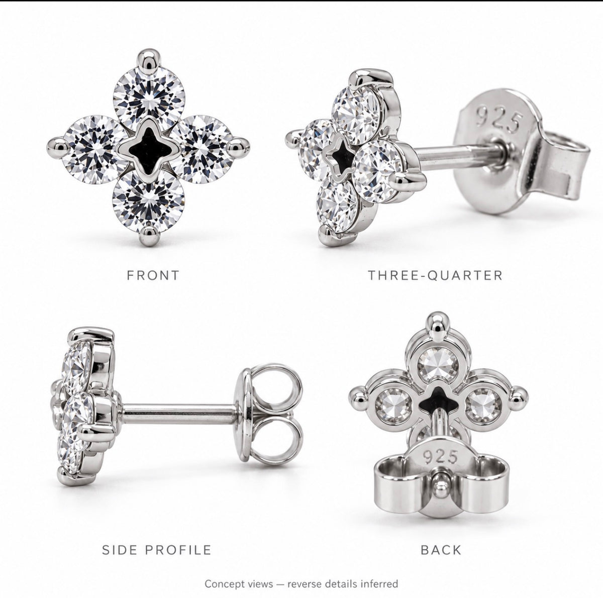 Rhodium Plated 925 Sterling Silver Lab Grown Diamonds Clover Stud Earring
